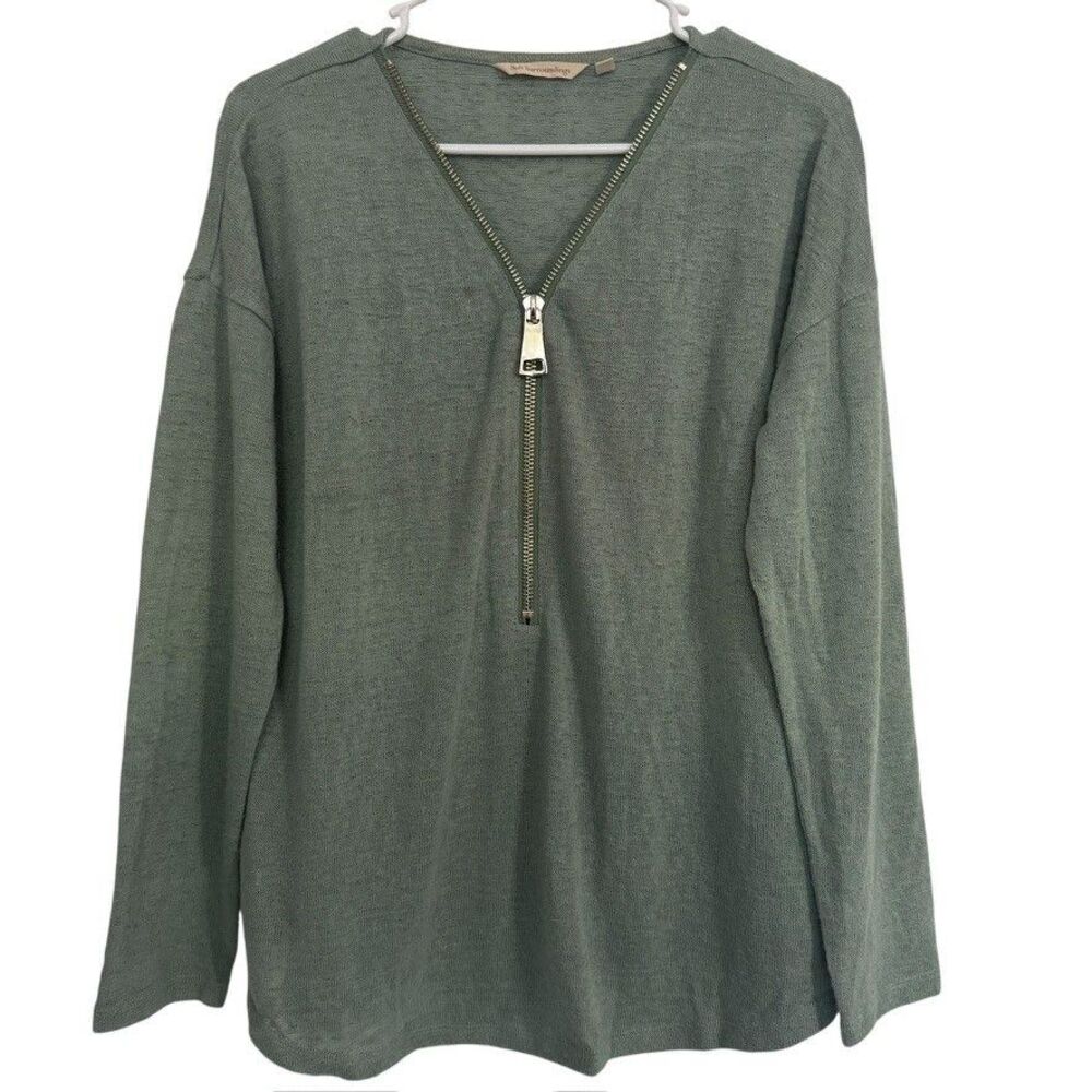 Soft Surroundings Womens MEDIUM Blouse Top 1/2 Front Zip Soft Green Knit Casual